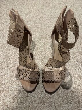 Jessica Simpson Taupe Laser-Cut Ankle Strap Heels